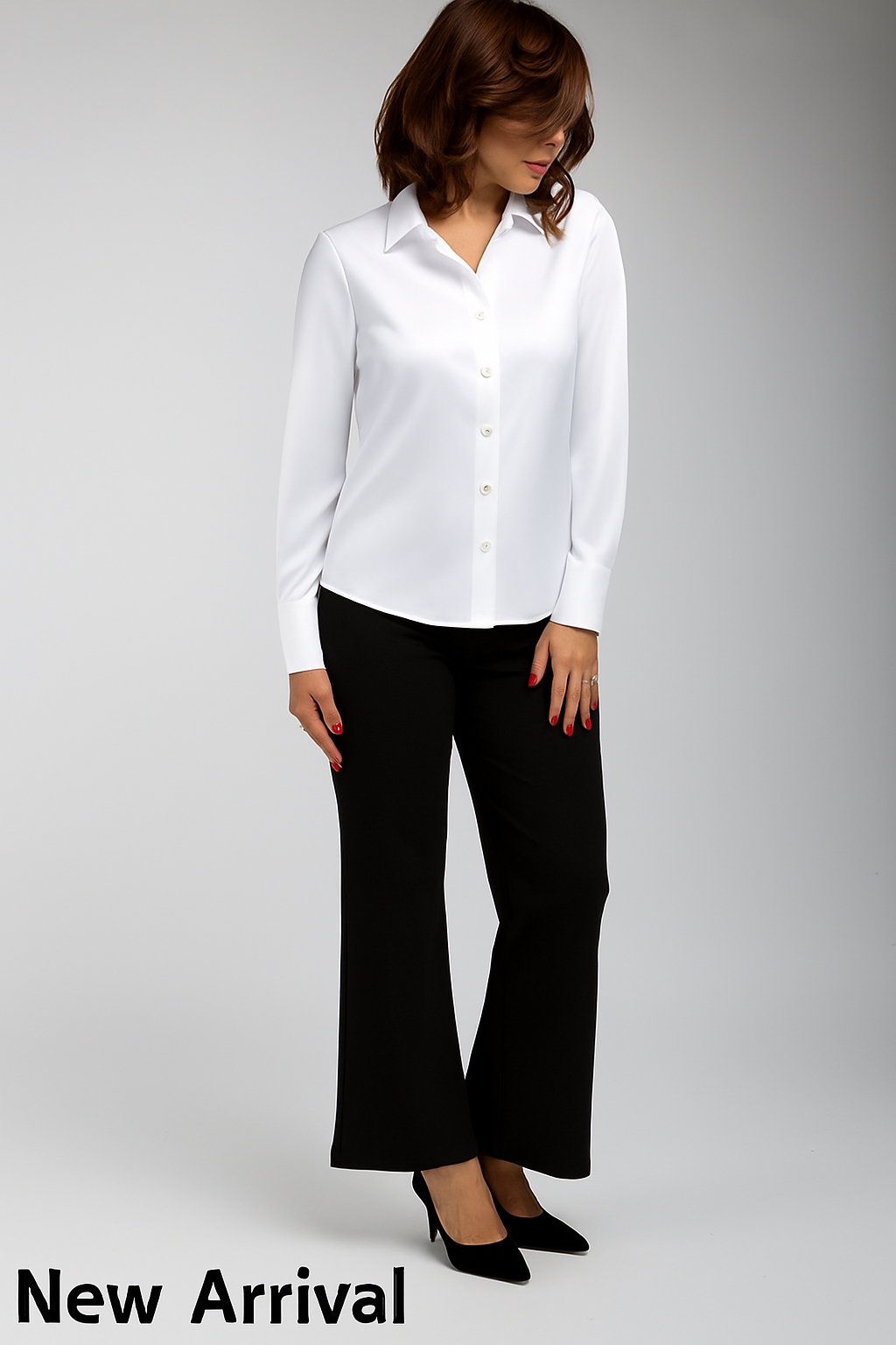 “Front view of white satin shirt for women – premium satin finish, long sleeves, office wear and everyday styling.”