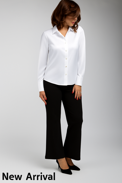 “Front view of white satin shirt for women – premium satin finish, long sleeves, office wear and everyday styling.”