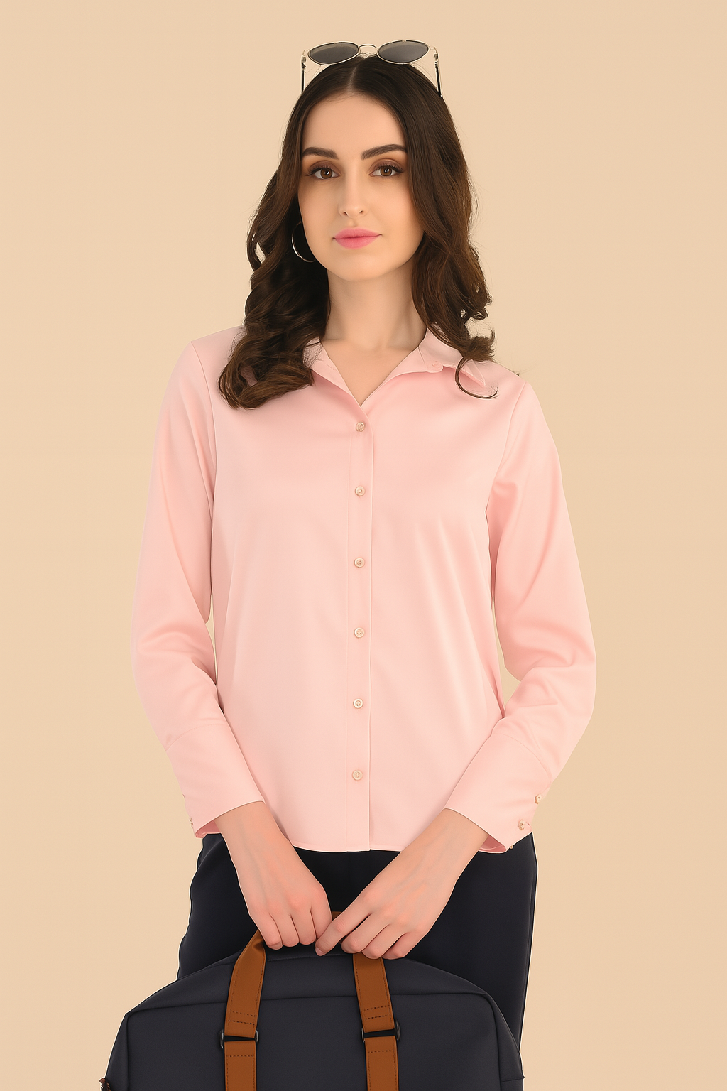 “Blush Pink Satin Shirt for Women – Front View | Classy Clothing”