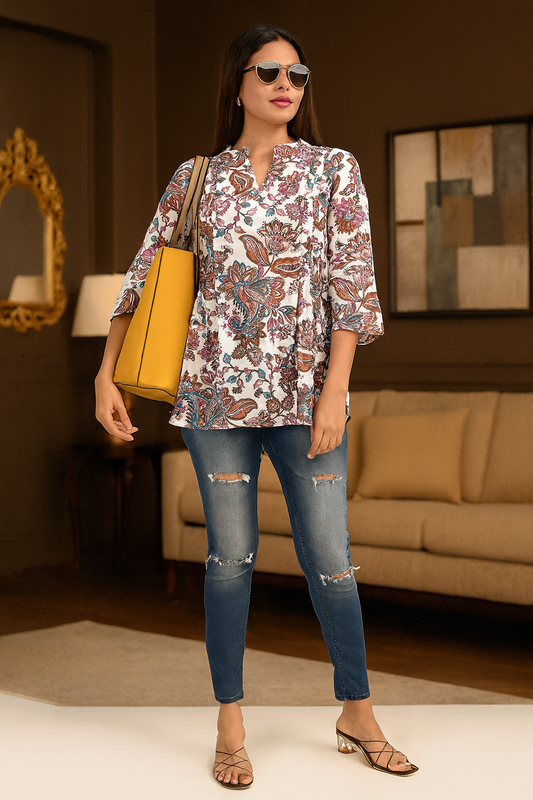 100% Cotton Voile Floral Printed Top with Front Pleat.