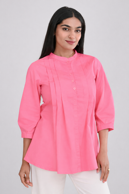 Office wear pink pintuck cotton top for women front view