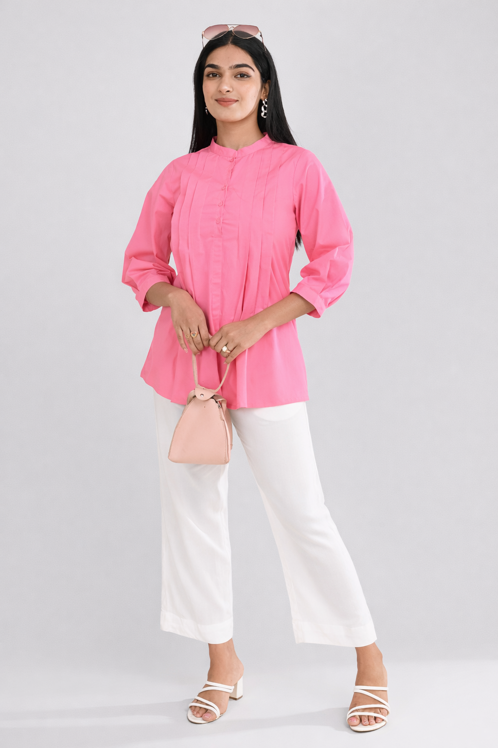 Office wear pink pintuck cotton top for women full length view