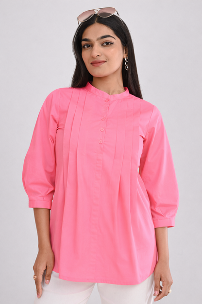 Office wear pink pintuck cotton top for women front view