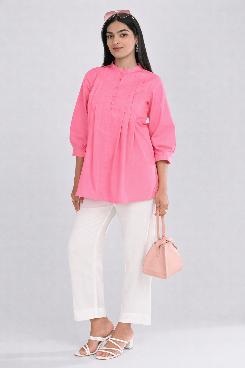 Office wear pink pintuck cotton top for women full length styled view