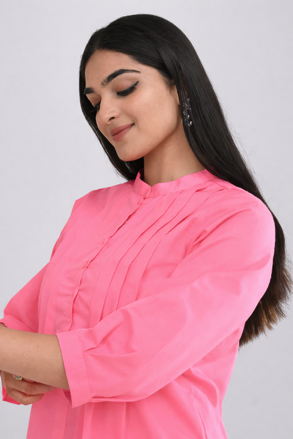 Office wear pink pintuck cotton top for women side view close up