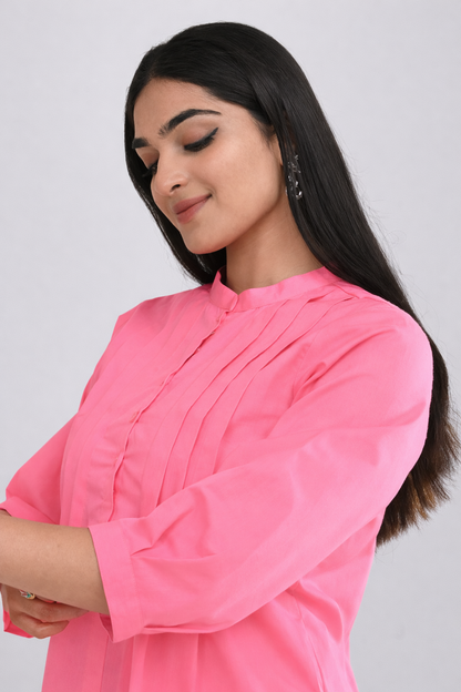 Office wear pink pintuck cotton top for women side view close up