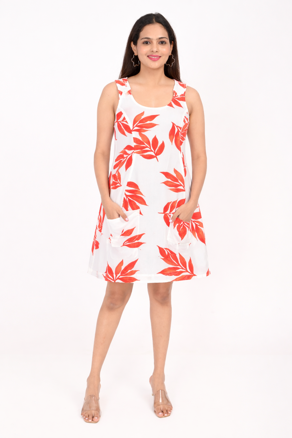 White printed rayon dress for women with red leaf print