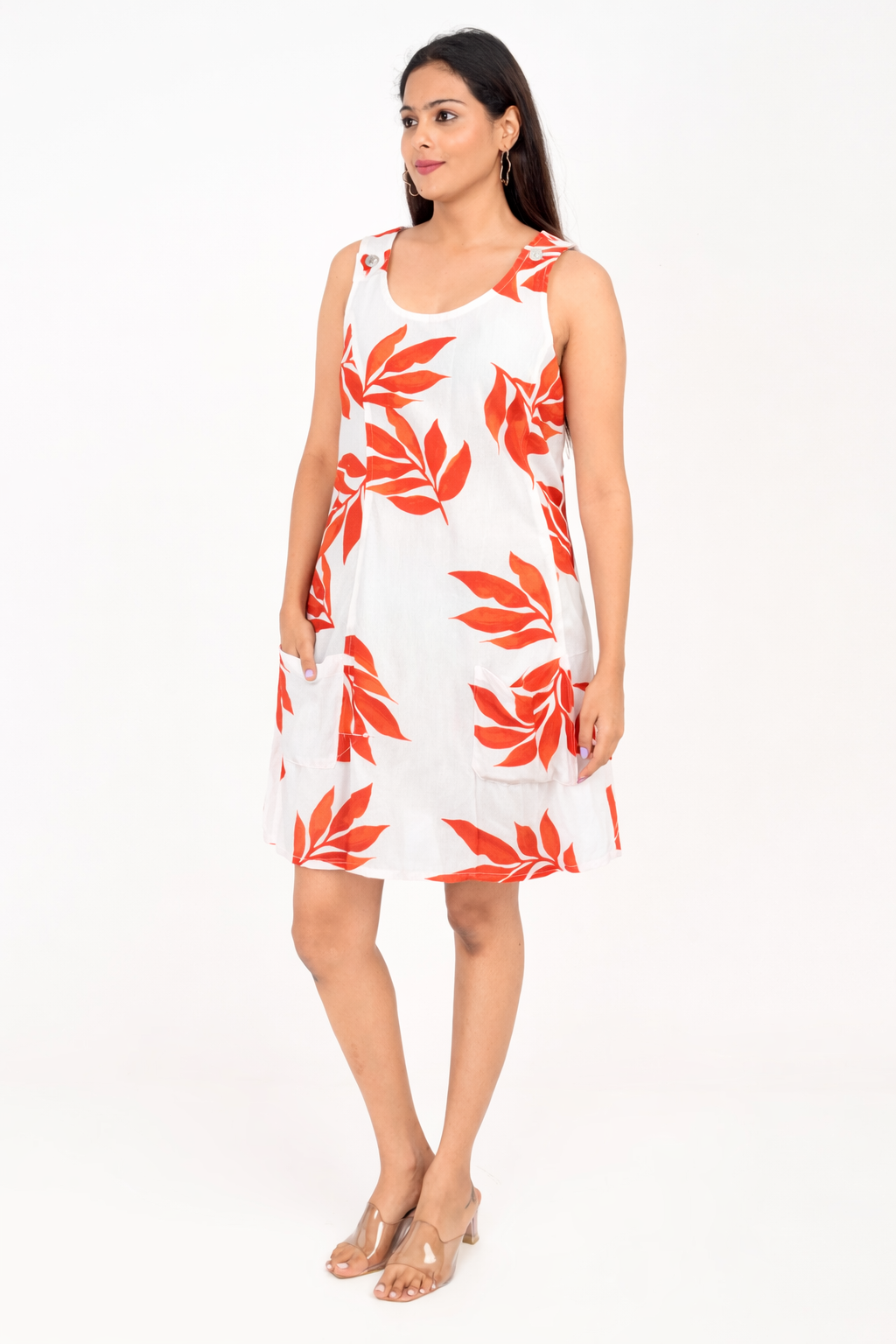 Printed rayon dress for women in white with red leaf print
