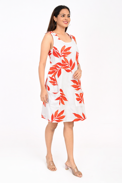 White printed rayon dress for women with red leaf design