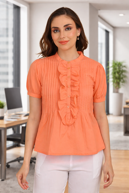 Peach 100% cotton pintuck ruffle top for women front view – premium office wear