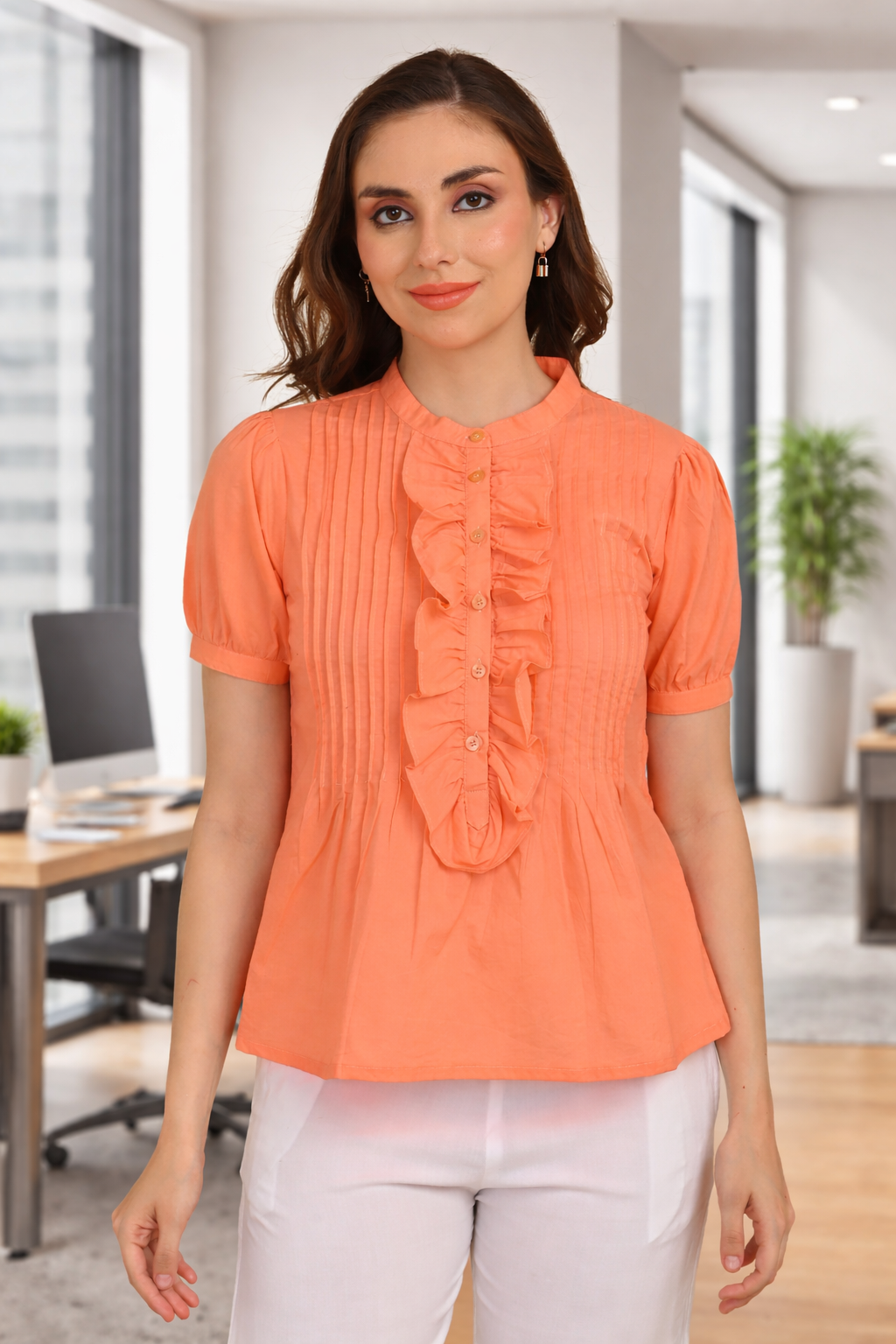 Peach 100% cotton pintuck ruffle top for women in office setting