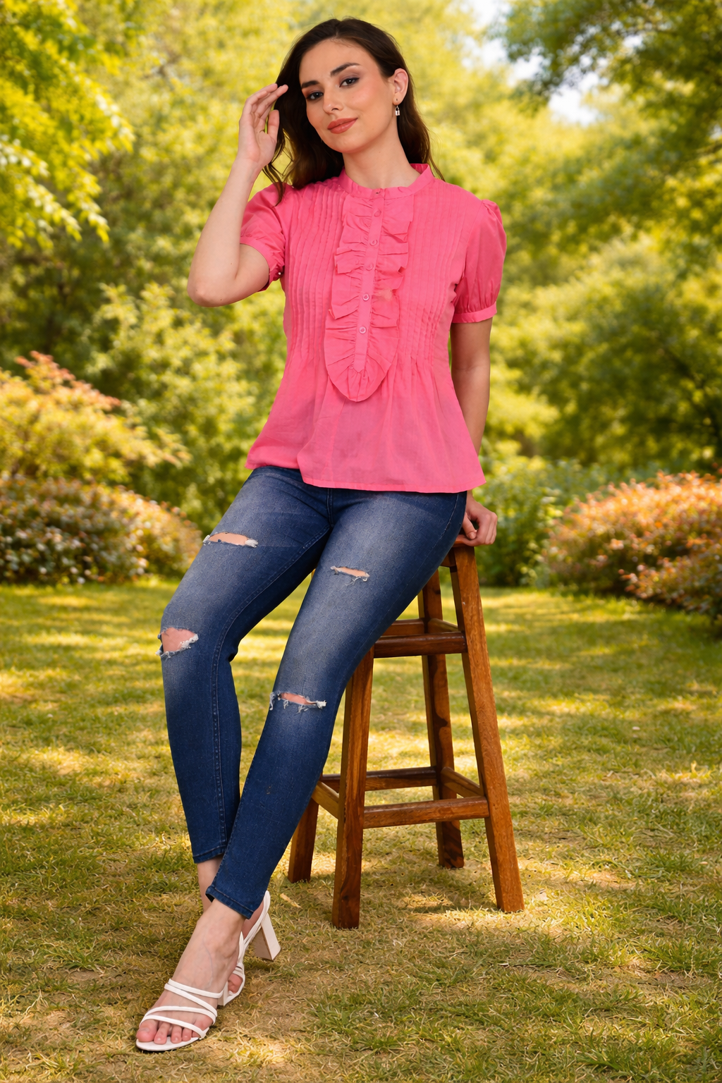 Pink 100% cotton pintuck ruffle top for women – coral pink shade, premium office wear