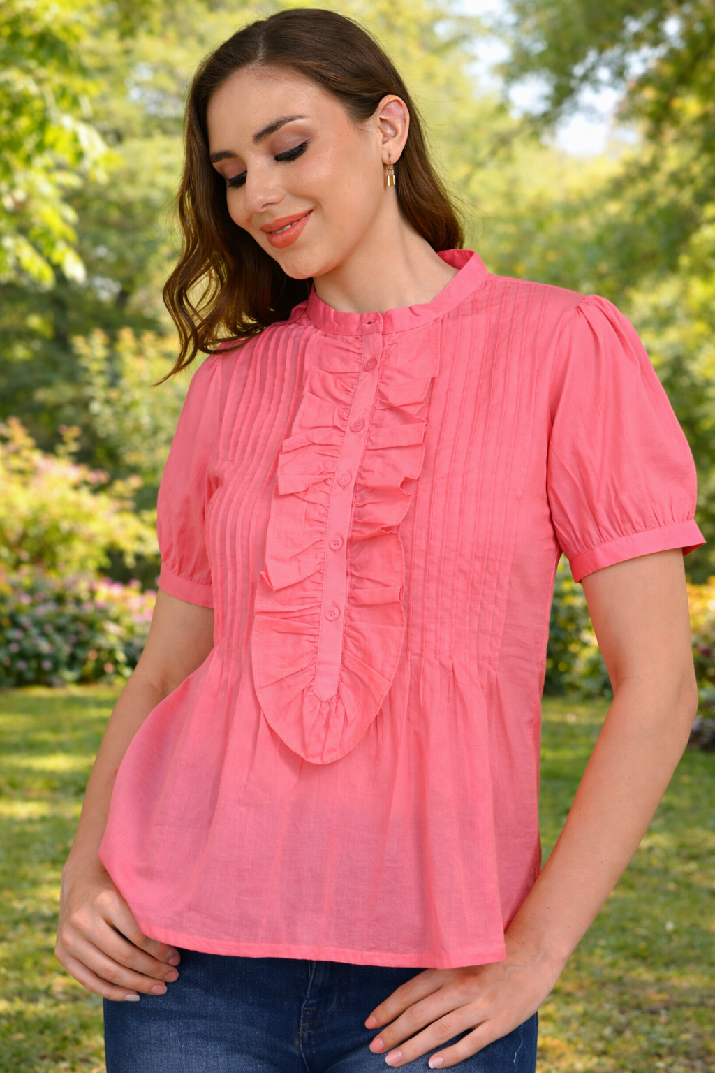 Coral pink 100% cotton pintuck ruffle top for women – premium office wear