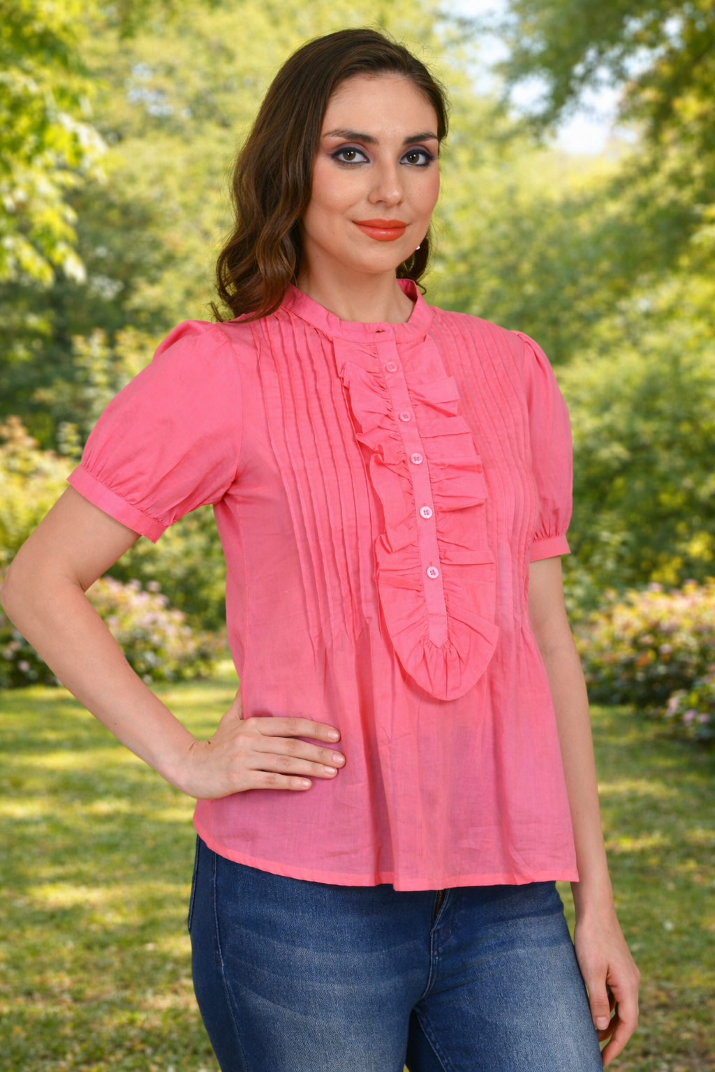 Pink 100% cotton pintuck ruffle top for women – coral pink shade front view
