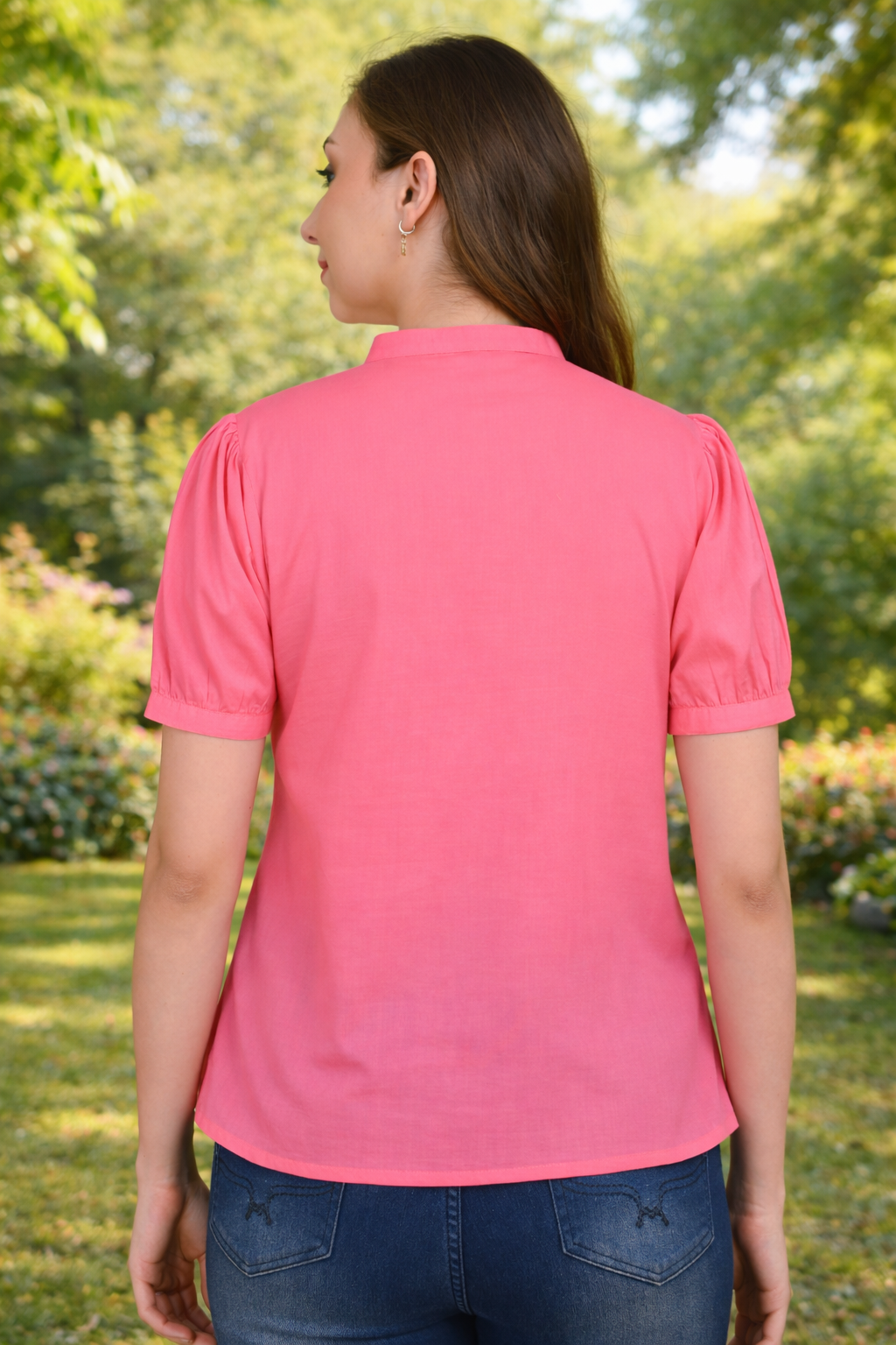 Pink 100% cotton pintuck ruffle top for women – coral pink shade back view