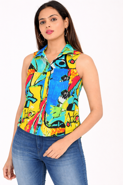 Angled front view of sleeveless abstract print rayon shirt for women, breathable Western summer wear made in India