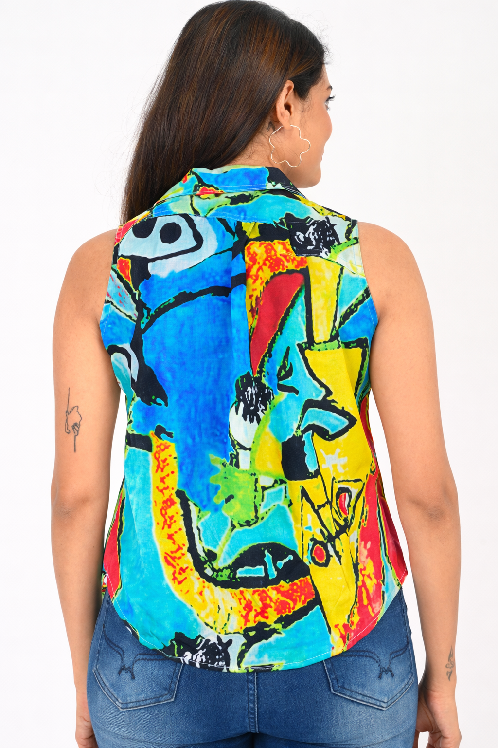 Back view of sleeveless abstract print rayon shirt for women, lightweight breathable Western wear made in India