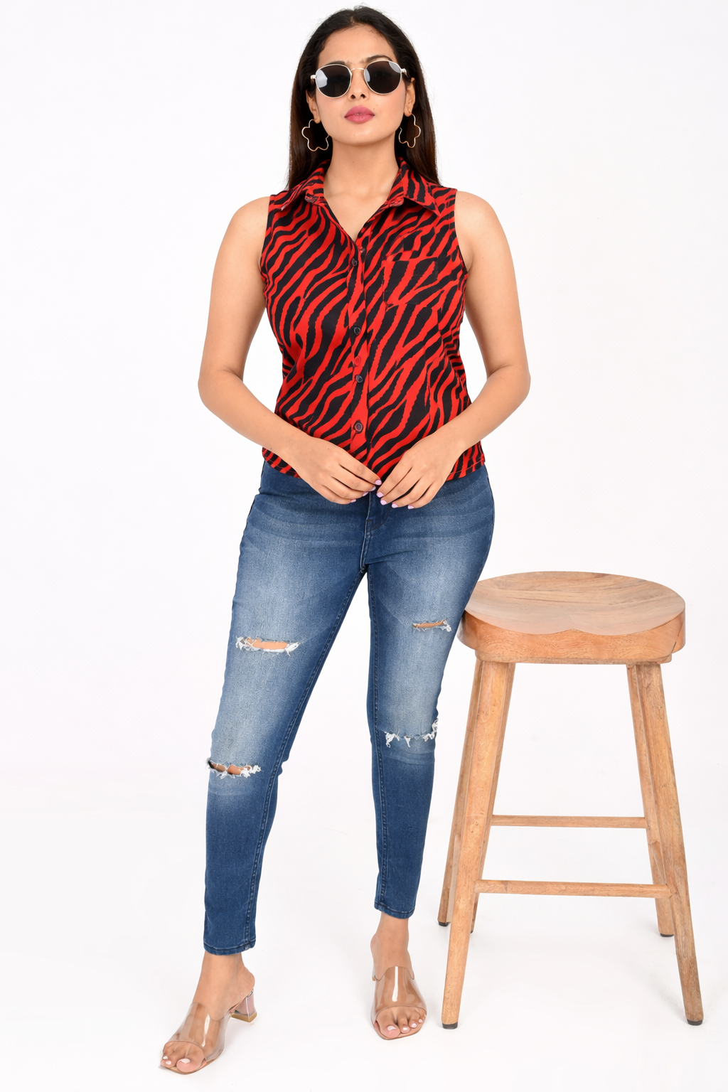 Front view of red & black zebra print cotton sleeveless top for women, Western wear India