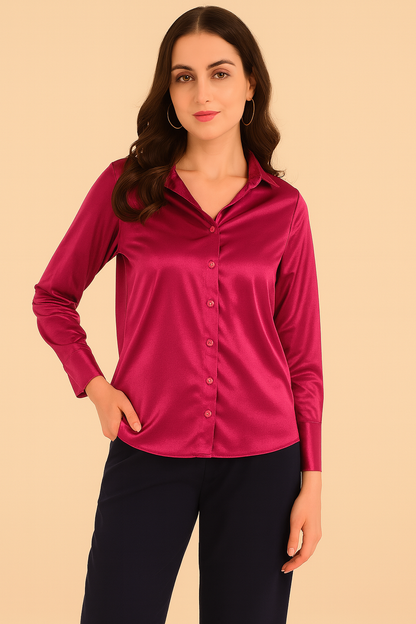 Women wearing raspberry satin shirt in satin fabric