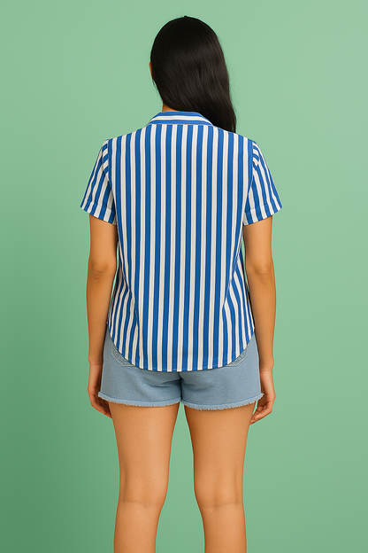 Women’s Blue & White Stripe Relaxed Fit Folded Cuff Shirt – Summer Casual
