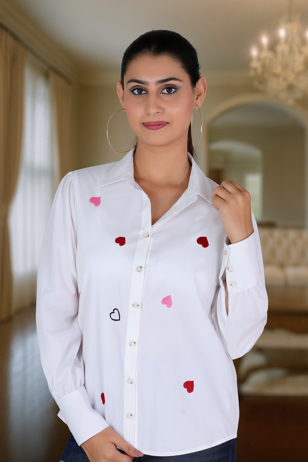 White Cotton Shirt with Heart Embroidery – Long Sleeves