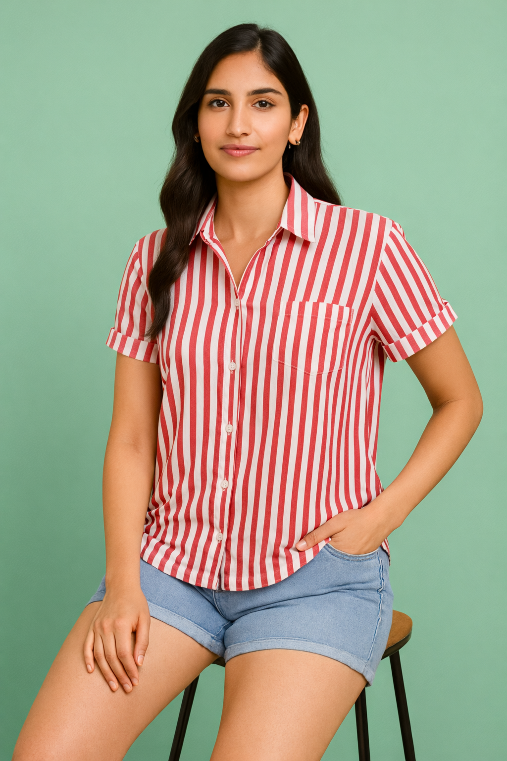 Model wearing 100% cotton red stripe shirt with rolled sleeves, seated pose