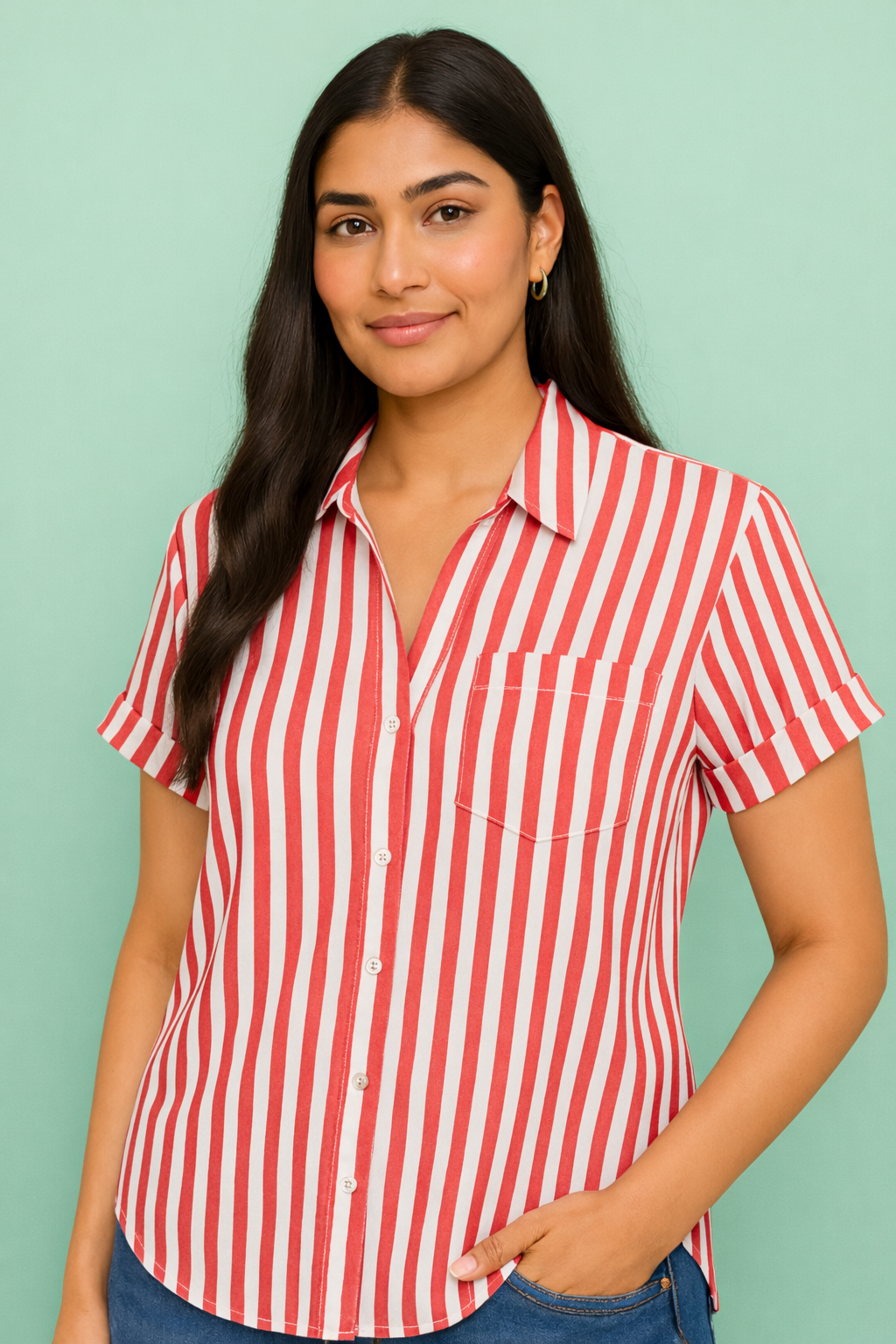 Front view of 100% cotton red stripe shirt for women with rolled sleeves and chest pocket