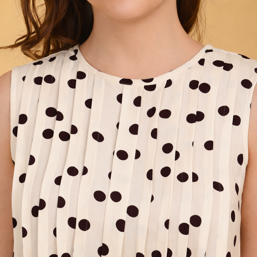 Ivory White Rayon Polka Print Sleeveless Top for Women