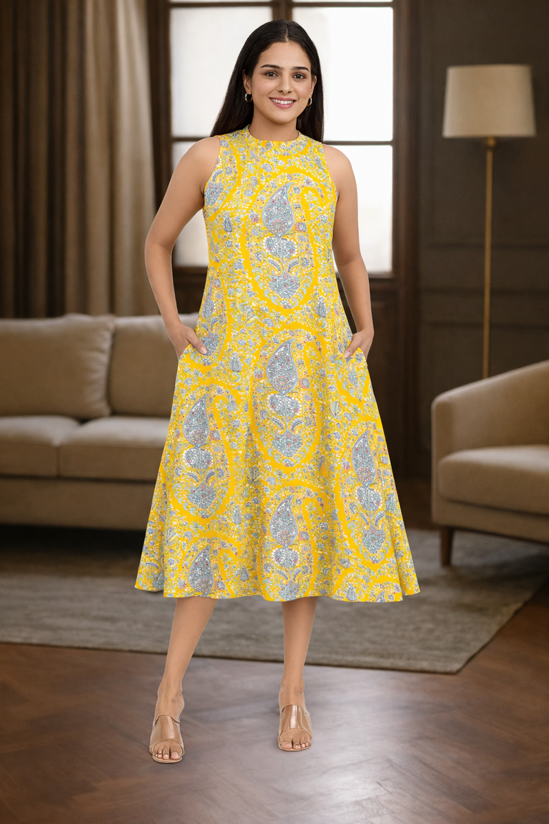Lemon yellow paisley printed rayon A-line dress for women – summer wear
