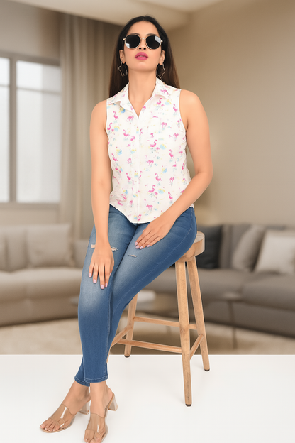 White Cotton Sleeveless Top with Flamingo Print