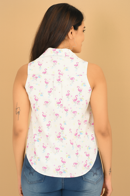 White Cotton Sleeveless Top with Flamingo Print