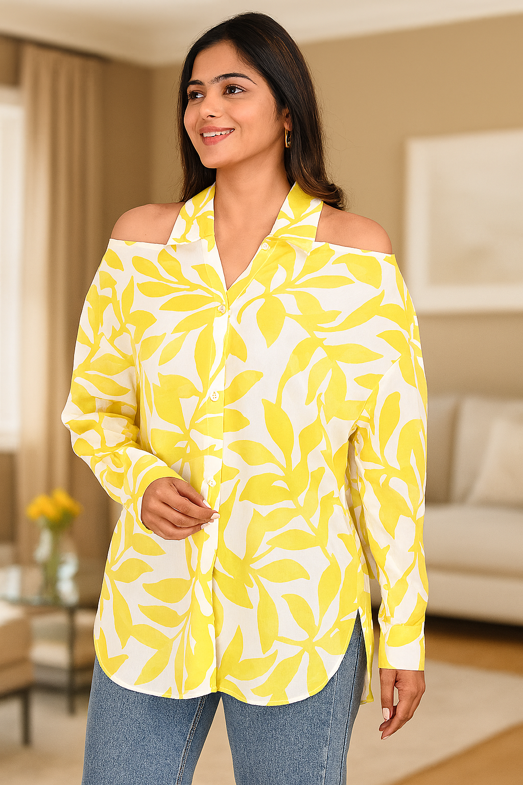 Yellow Off shoulder Cotton shirt.
