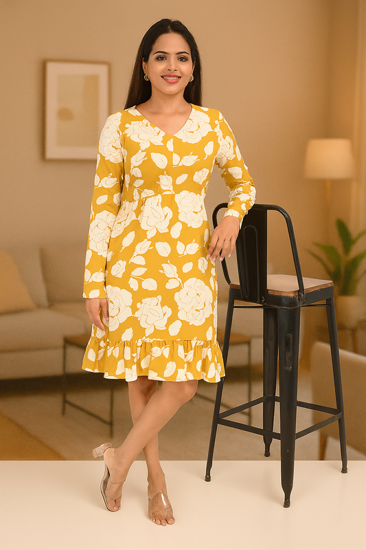 "Yellow Floral Print Rayon Dress for Women – Long Sleeve Ruffle Hem Casual Outfit"