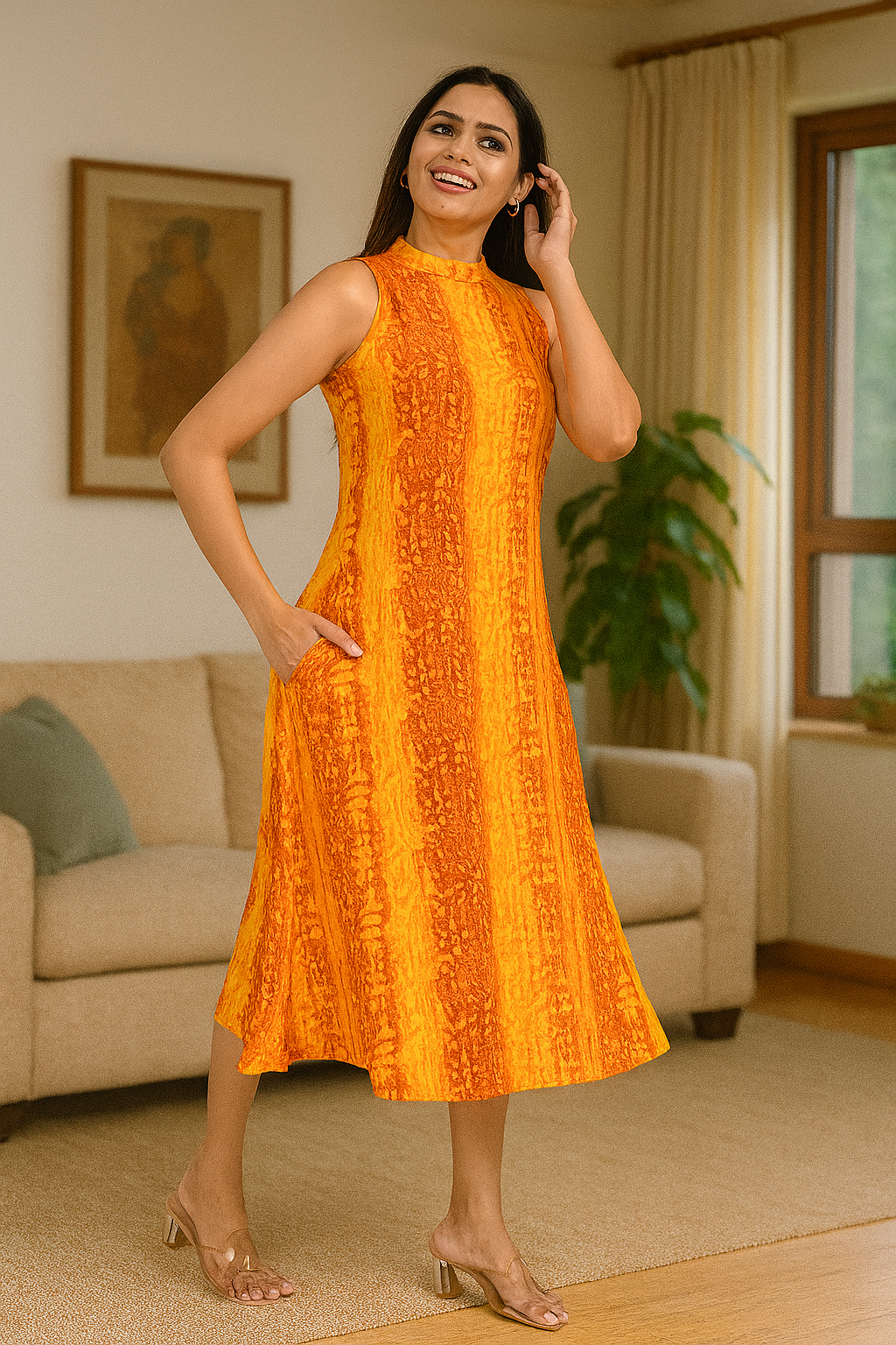"Bright Orange Rayon Midi Dress – Sleeveless Vacation Style"