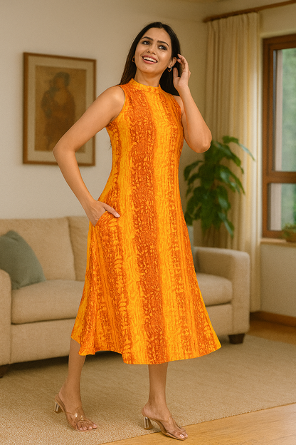 "Bright Orange Rayon Midi Dress – Sleeveless Vacation Style"