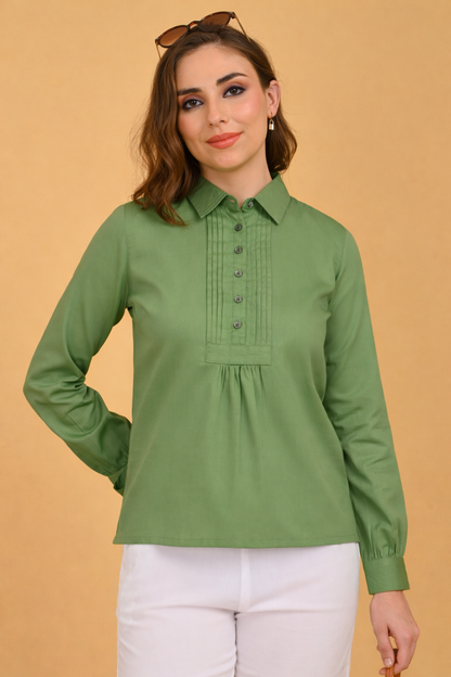 olive green cotton office wear shirt for women pintuck detail