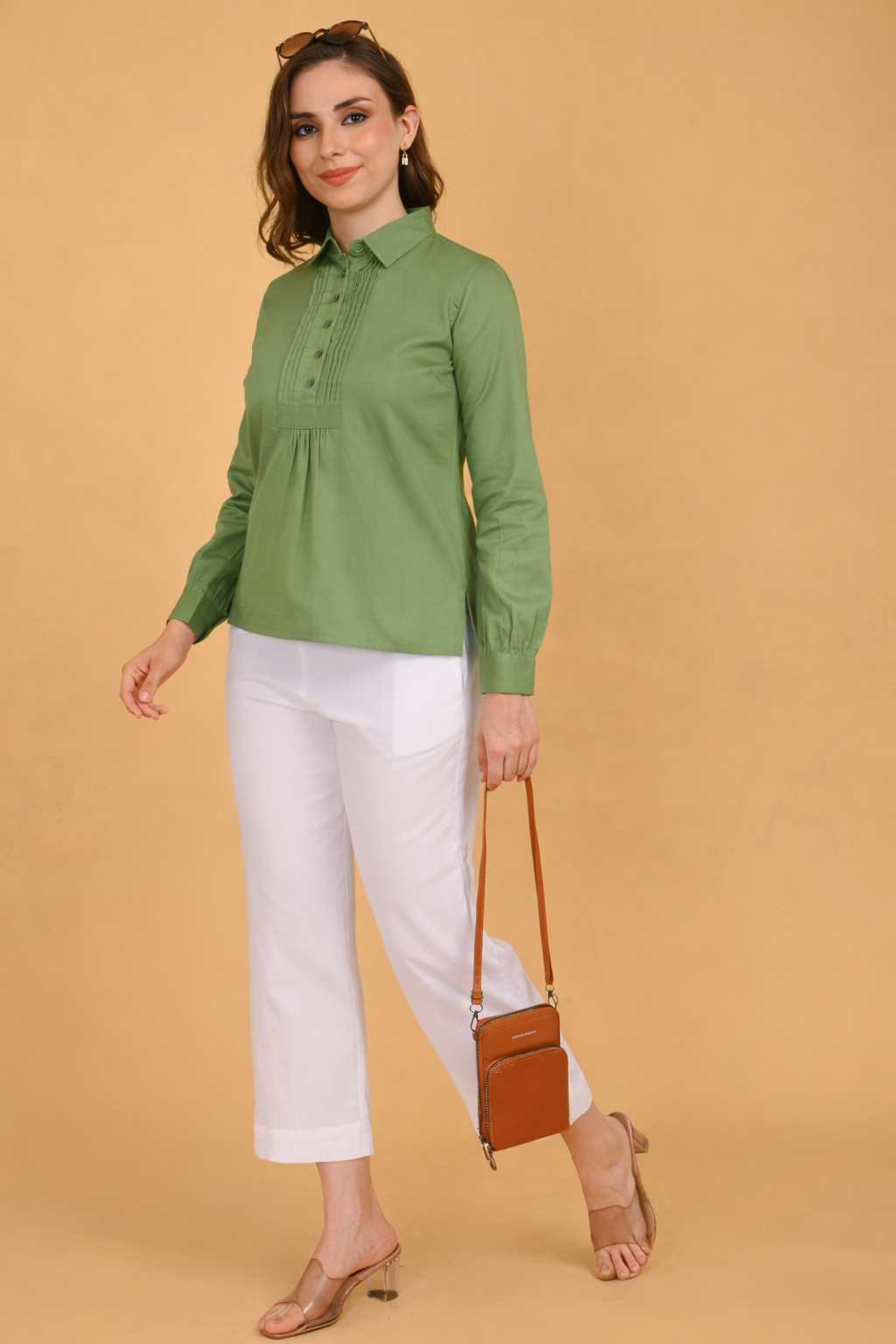olive green cotton shirt women office wear outfit styling