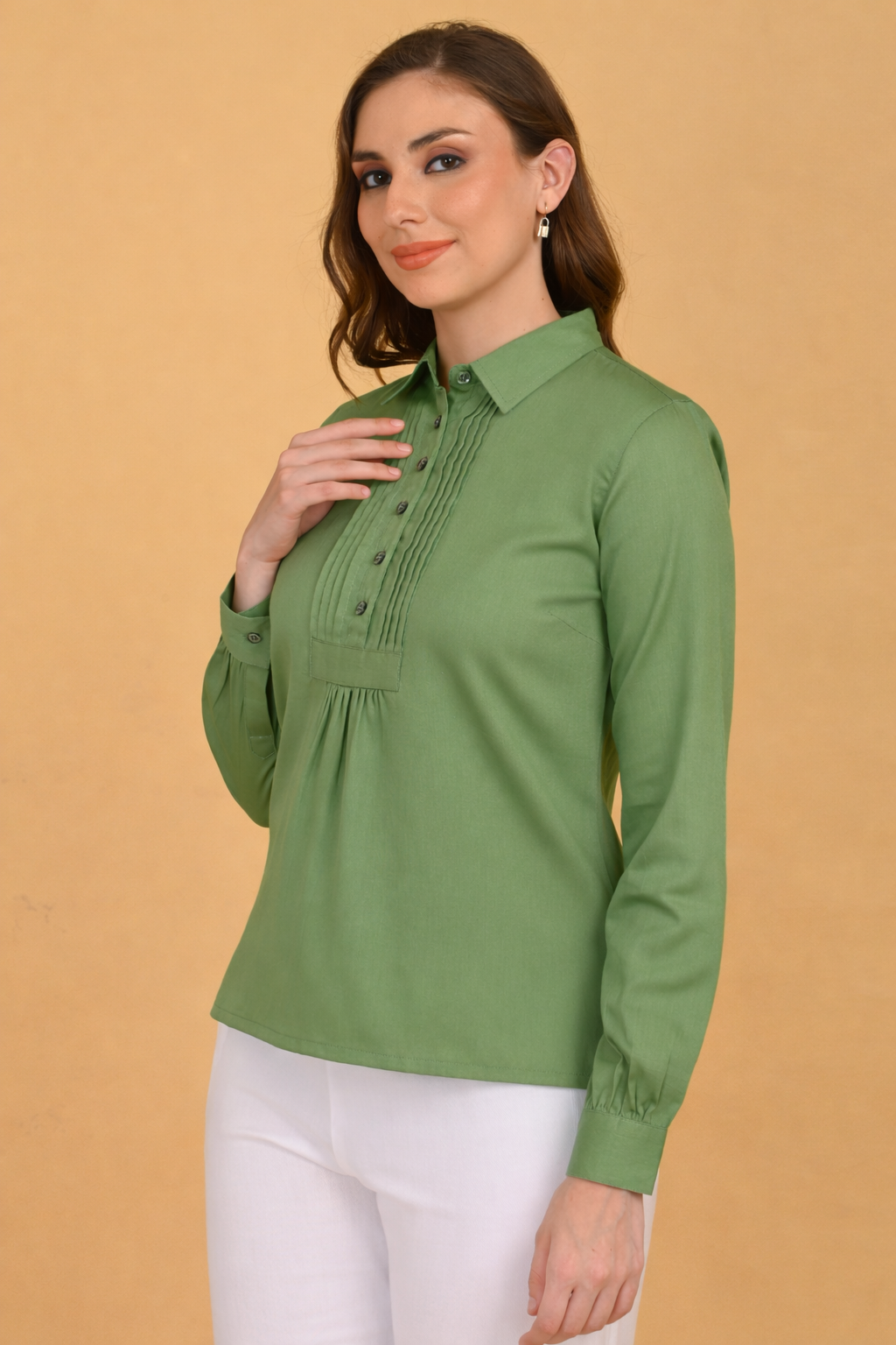 Olive Green Cotton Pintuck Shirt for Women – Office Wear India