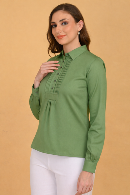 Olive Green Cotton Pintuck Shirt for Women – Office Wear India