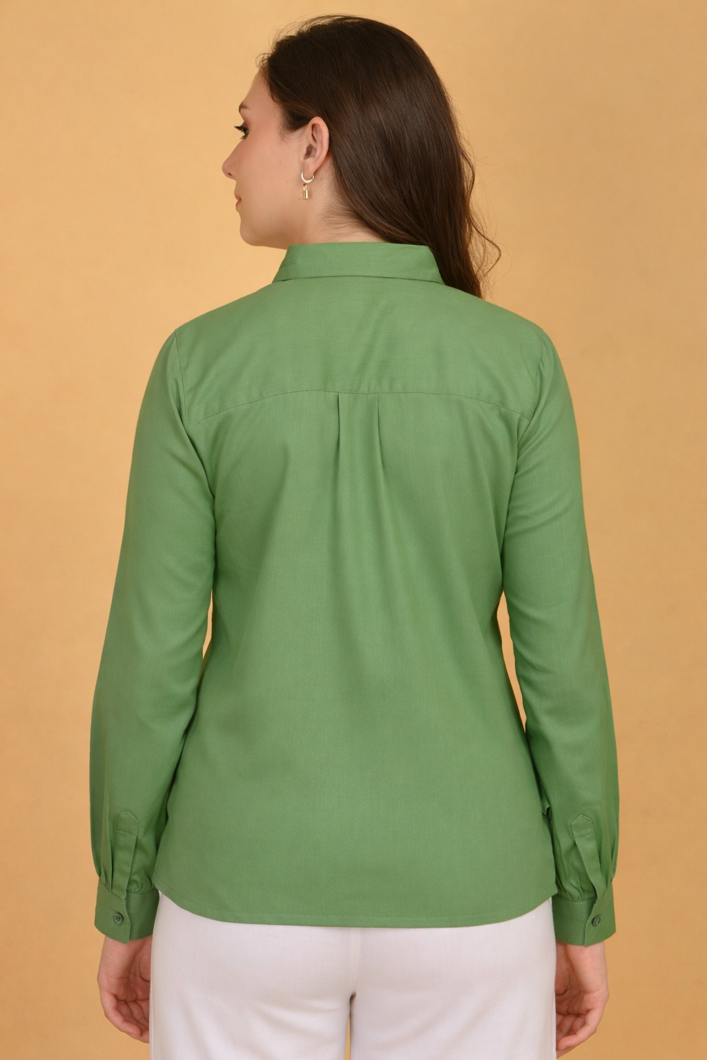Olive green cotton pintuck shirt for women office wear India back view