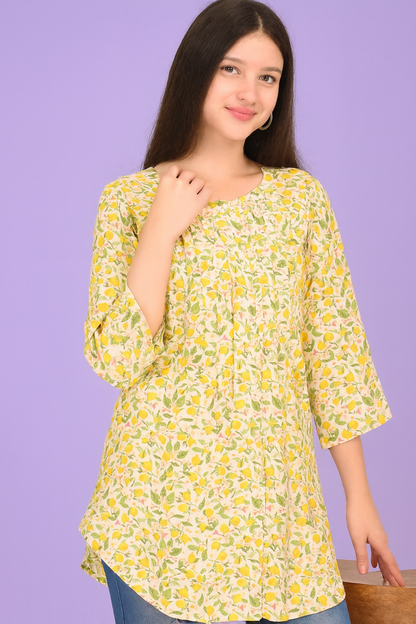 Women’s Yellow Floral AOP Cotton Rich Tunic Top – Lightweight Summer Wear