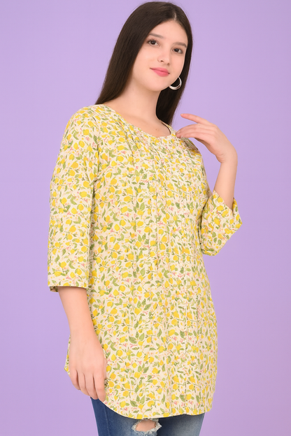Women’s Yellow Floral AOP Cotton Rich Tunic Top – Lightweight Summer Wear