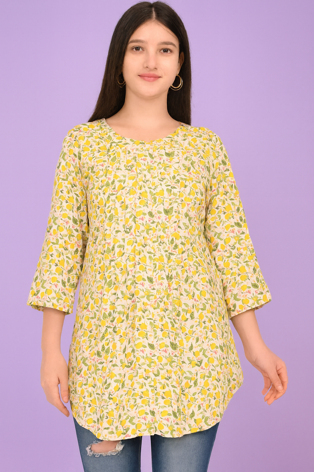 Women’s Yellow Floral AOP Cotton Rich Tunic Top – Lightweight Summer Wear