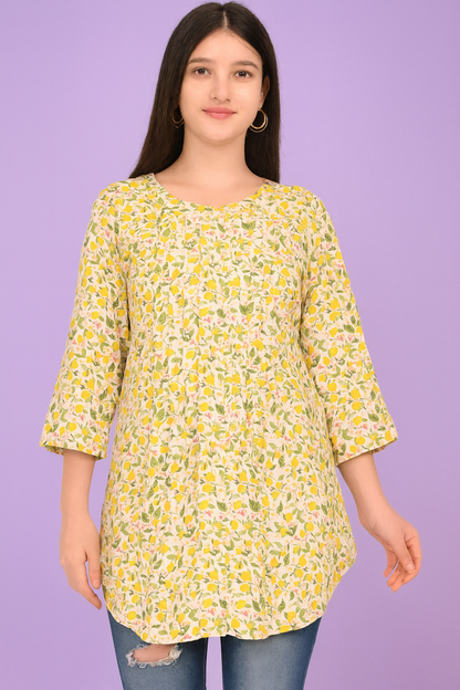 Women’s Yellow Floral AOP Cotton Rich Tunic Top – Lightweight Summer Wear