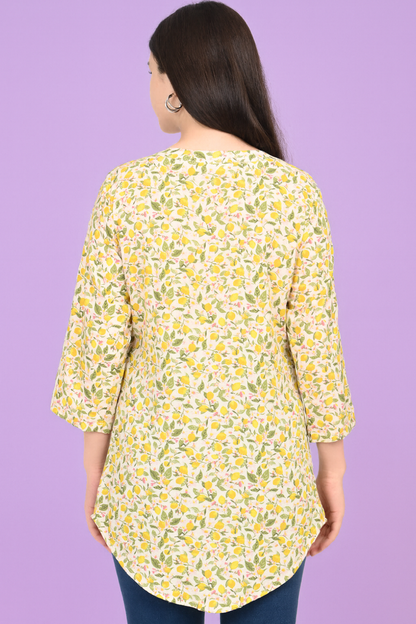 Women’s Yellow Floral AOP Cotton Rich Tunic Top – Lightweight Summer Wear