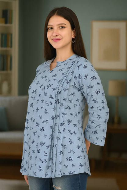 Light Blue Floral Cotton Kurti for Women – Soft & Breathable Everyday Wear