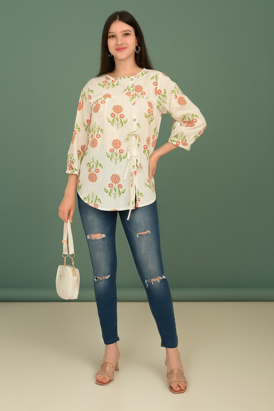 Women's 100% Cotton Floral Printed Top with Tie-Up Button Front