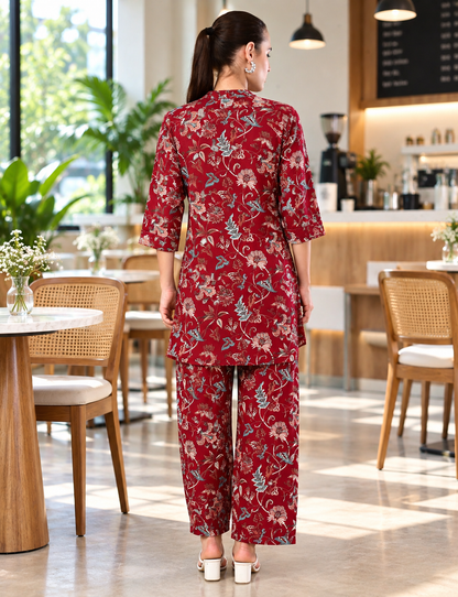 Burgundy Floral Co-Ord Set for Women