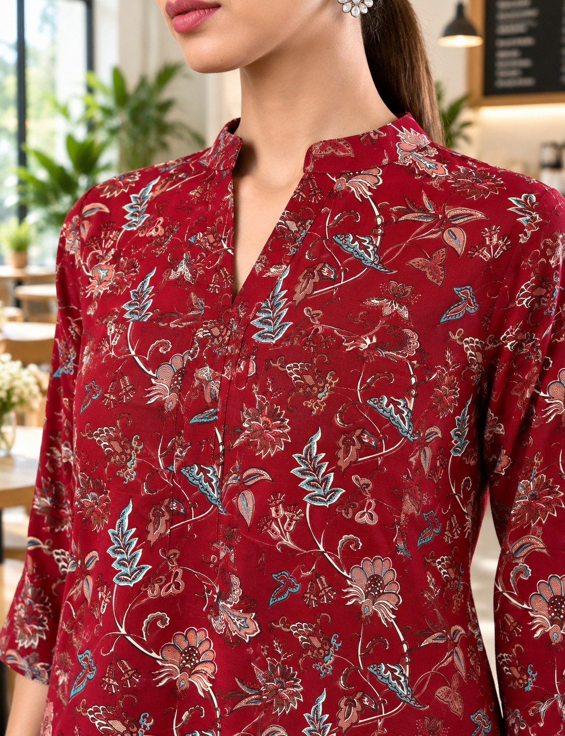 Close-up of a burgundy floral printed women's co-ord tunic featuring a split neckline, stitched detailing and three-quarter sleeves, showcasing the fabric print and finishing – Classy Clothing India