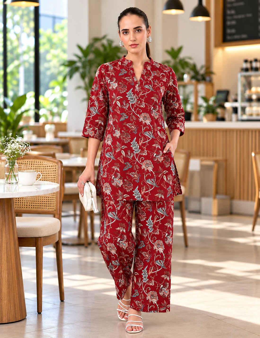 Burgundy floral cotton-polyester co-ord set for women featuring a printed tunic and matching wide-leg pants, styled in a modern Bangalore cafe – Classy Clothing India